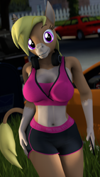 Size: 2160x3840 | Tagged: safe, artist:xxsfmartxx, imported from derpibooru, oc, oc only, oc:nikytaequeen, anthro, donkey, 3d, clothes, commissioner:nickyequeen, headphones, high res, neighborhood, solo, source filmmaker, sports, sports bra, sunset