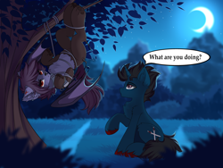 Size: 4444x3333 | Tagged: safe, artist:airiniblock, imported from derpibooru, oc, oc only, oc:nyn indigo, oc:slashing prices, bat pony, hybrid, original species, pony, timber pony, timber wolf, unicorn, bat wings, chest fluff, commission, crescent moon, cute, dialogue, duo, duo male, ear fluff, forest, forest background, grass, horn, leash, male, moon, night, paws, rcf community, scar, speech bubble, tangled up, tree, unicorn oc, wings