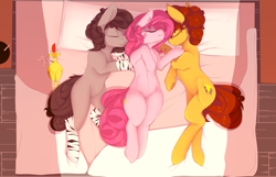 Size: 4200x2700 | Tagged: safe, artist:chapaevv, imported from derpibooru, boneless, cheese sandwich, pinkie pie, oc, oc:mercury gray, oc:mercury_gray, zebra, comic:meet the pies, ashtray, bed, bedroom, bisexual, cheesepie, cigarette, female, fluffy mane, fluffy tail, implied aftersex, male, mercheese, mercurinkie, polyamory, shipping, sleeping, smoking, straight, zebra oc, zony oc