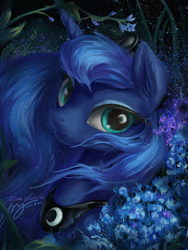 Size: 3000x4000 | Tagged: safe, artist:musical ray, derpibooru exclusive, imported from derpibooru, princess luna, alicorn, pony, bust, female, flower, mare, portrait, solo