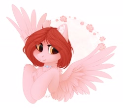 Size: 2310x2030 | Tagged: safe, artist:vird-gi, imported from derpibooru, oc, oc only, oc:weathervane, pegasus, pony, bust, cheek fluff, chest fluff, ear fluff, female, flower, high res, mare, rose, simple background, solo, spread wings, white background, wings