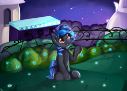 Size: 1280x915 | Tagged: safe, artist:appleneedle, imported from derpibooru, oc, oc:shadow dust, butterfly, pony, unicorn, art, canterlot, character, commission, digital, draw, drawing, fanart, flower, garden, glow, glowing, magic, moon, nature, night, paint, painting, sky, stars