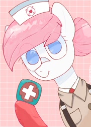 Size: 800x1105 | Tagged: safe, artist:omelettepony, imported from derpibooru, nurse redheart, earth pony, pony, bust, clothes, crossover, female, gloves, hat, looking at you, mare, medic, medkit, necktie, nurse hat, reference, simple background, smiling, smiling at you, solo, team fortress 2
