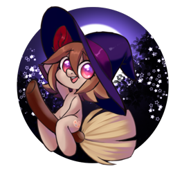 Size: 2067x2067 | Tagged: safe, artist:yamikonek0, imported from derpibooru, oc, oc only, oc:yamiko, earth pony, pony, broom, chibi, flying, flying broomstick, halloween, hat, high res, holiday, moon, night, simple background, solo, transparent background, witch, witch hat