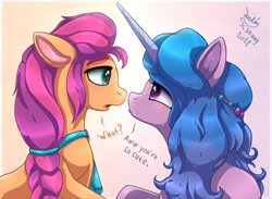 Size: 1300x950 | Tagged: safe, artist:joakaha, imported from derpibooru, izzy moonbow, sunny starscout, pony, unicorn, dialogue, duo, eye contact, female, g5, izzyscout, lesbian, looking at each other, mare, open mouth, shipping, smiling