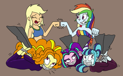 Size: 2292x1408 | Tagged: safe, artist:bugssonicx, imported from derpibooru, adagio dazzle, applejack, aria blaze, rainbow dash, sonata dusk, equestria girls, arm behind back, bondage, bound and gagged, clothes, eyes closed, fist bump, flippers, flippers (gear), gag, geode of super speed, geode of super strength, grin, help us, hogtied, magical geodes, open mouth, open smile, punish the villain, revenge, smiling, sweat, sweatdrop, swimsuit, tape, tape gag, the dazzlings, tied up, wetsuit