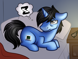 Size: 1280x960 | Tagged: safe, artist:sabrib, imported from derpibooru, oc, oc only, oc:tinker doo, pony, unicorn, bags under eyes, bed, exhausted, floppy ears, glasses, insomnia, lying down, male, solo, stallion, tired