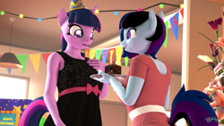 Size: 1920x1080 | Tagged: safe, artist:anthroponiessfm, imported from derpibooru, twilight sparkle, oc, oc:maple cake, anthro, 3d, birthday, birthday cake, cake, clothes, cute, dress, female, food, happy, happy birthday, hat, implied tail hole, looking at each other, party hat, source filmmaker