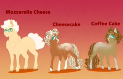 Size: 3096x2000 | Tagged: safe, artist:inisealga, imported from derpibooru, oc, oc only, oc:cheese cake, oc:coffee cake, oc:mozzarella cheese, earth pony, earth pony oc, female, high res, male, mare, next generation, offspring, parent:cheese sandwich, parent:pinkie pie, parents:cheesepie