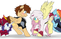 Size: 3000x1925 | Tagged: safe, artist:not-ordinary-pony, imported from derpibooru, fluttershy, rainbow dash, rarity, pegasus, pony, unicorn, fanfic:kingdom hearts of harmony, blushing, clothes, commission, crossover, crossover shipping, disney, female, kingdom hearts, kingdom hearts of harmony, male, mare, one eye closed, ponified, pushing, shipper on deck, shipping, simple background, sora, sorashy, stallion, straight