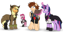 Size: 3645x1884 | Tagged: safe, artist:not-ordinary-pony, imported from derpibooru, applejack, pinkie pie, twilight sparkle, earth pony, pegasus, pony, unicorn, fanfic:kingdom hearts of harmony, angry, clothes, commission, crossover, disney, ignoring, kingdom hearts, kingdom hearts of harmony, laughing, ponified, pouting, simple background, sora