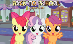 Size: 2064x1242 | Tagged: safe, artist:not-yet-a-brony, imported from derpibooru, apple bloom, scootaloo, sweetie belle, earth pony, pegasus, pony, unicorn, 2021, adorabloom, back to school, cute, cutealoo, cutie mark crusaders, diasweetes, female, filly, friendship tutors, looking at you, open mouth, open smile, school of friendship, smiling, smiling at you, spread wings, trio, trio female, wings, youtube link in the description