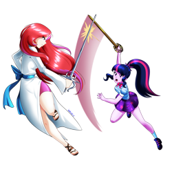 Size: 5000x4980 | Tagged: safe, artist:danmakuman, imported from derpibooru, moondancer, sci-twi, twilight sparkle, fanfic:spectacular seven, equestria girls, absurd resolution, clothes, dress, duo, equestria girls-ified, fight, simple background, sword, sword fight, transparent background, weapon