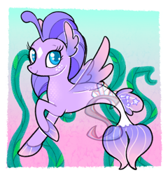 Size: 750x782 | Tagged: safe, artist:syrcaid, imported from derpibooru, oc, oc only, seapony (g4), blue eyes, digital art, dorsal fin, female, fin wings, fins, fish tail, flowing mane, flowing tail, looking at you, ocean, purple mane, seaweed, simple background, solo, tail, underwater, water, watermark, wings