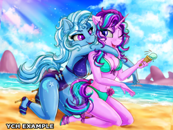 Size: 2500x1878 | Tagged: safe, artist:stainedglasslighthea, imported from derpibooru, starlight glimmer, trixie, anthro, plantigrade anthro, unicorn, beach, bikini, blue bikini, blue swimsuit, breasts, busty starlight glimmer, busty trixie, clothes, commission, feet, female, food, green bikini, green swimsuit, high heels, ice cream, ice cream cone, lesbian, mare, shipping, shoes, startrix, swimsuit, tail, ych example, your character here