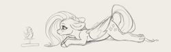 Size: 3456x1056 | Tagged: safe, artist:miokomata, imported from derpibooru, fluttershy, bird, pegasus, pony, ass up, cute, female, floppy ears, freckles, freckleshy, grayscale, looking at something, lying down, mare, monochrome, prone, shyabetes, simple background, sketch, solo, white background