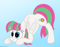 Size: 3018x2392 | Tagged: safe, artist:rainbowšpekgs, imported from derpibooru, blossomforth, pegasus, pony, adoraforth, cute, face down ass up, female, gradient background, high res, jack-o challenge, jacko challenge, mare, meme, smiling, solo, wings