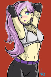 Size: 2000x3000 | Tagged: safe, artist:nolyanimeid, imported from derpibooru, fluttershy, equestria girls, arm behind head, armpits, belly button, belt, blushing, choker, clothes, eyeshadow, female, gloves, goth, high res, long gloves, looking away, makeup, red background, simple background, solo, tattoo