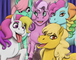 Size: 2500x2000 | Tagged: safe, artist:azurllinate, imported from derpibooru, butterscotch (g3), minty, rainbow dash (g3), sunny daze (g3), wysteria, earth pony, pony, best friends, blushing, cheek squish, curtains, eyelashes, female, g3, green eyes, happy, high res, hooves, long mane, looking at each other, mare, multicolored mane, open mouth, orange eyes, photo booth, pink mane, purple eyes, smiling, squishy cheeks, thick eyebrows, tongue out, wavy mane, yellow mane