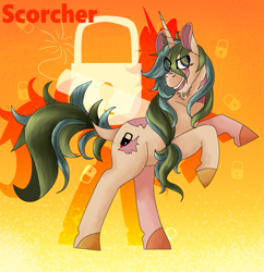 Size: 1935x2001 | Tagged: safe, imported from derpibooru, oc, oc only, oc:scorcher, pony, unicorn, fallout equestria, canterlot ghoul, cutie mark, dynamite, explosives, foe, lock, male, rearing, scar, solo, stallion