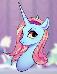 Size: 1424x1844 | Tagged: safe, artist:immunefox, imported from derpibooru, sassy saddles, pony, unicorn, background, blurry background, bust, canterlot, carousel boutique, fanart, female, fluffy, horn, makeup, portrait, pretty, solo