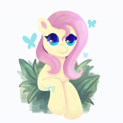 Size: 3900x3900 | Tagged: safe, artist:saphypone, imported from derpibooru, fluttershy, butterfly, pony, bust, colored pupils, cute, female, high res, leaves, mare, plant, shyabetes, simple background, solo, white background