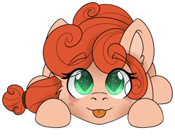 Size: 1342x1050 | Tagged: safe, artist:rokosmith26, imported from derpibooru, oc, oc only, oc:pumpkin patch, earth pony, pony, :p, cheek fluff, chibi, commission, cute, ear fluff, earth pony oc, eye clipping through hair, eyebrows, eyebrows visible through hair, female, hairband, looking at you, lying down, mare, simple background, solo, tongue out, transparent background, wingding eyes, ych result