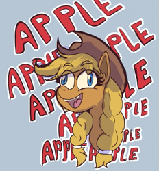 Size: 809x873 | Tagged: safe, artist:radicalweegee, imported from derpibooru, applejack, earth pony, pony, apple, cowboy hat, derp, female, food, gray background, hat, mare, silly, silly pony, simple background, that pony sure does love apples, who's a silly pony, wrong eye color