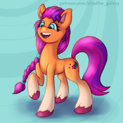 Size: 2250x2250 | Tagged: safe, artist:shad0w-galaxy, imported from derpibooru, sunny starscout, earth pony, pony, braid, coat markings, colored hooves, cute, cutie mark, female, g5, high res, mare, open mouth, simple background, smiling, socks (coat markings), unshorn fetlocks