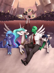 Size: 2072x2780 | Tagged: safe, artist:28gooddays, imported from derpibooru, princess celestia, princess luna, raven, oc, oc:anon, alicorn, human, unicorn, angry, angry mob, bowtie, canterlot, clothes, crown, ear fluff, eyes closed, fanfic, fanfic art, fanfic cover, female, glasses, glowing, glowing horn, green skin, hair bun, high res, hoof shoes, horn, jewelry, looking up, magic, magic aura, male, mare, necktie, pants, paper, paperwork, peytral, pitchfork, regalia, silhouette, spread wings, suit, telekinesis, torch, wings, yellow eyes