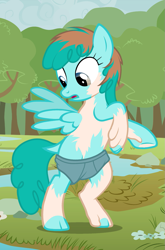 Size: 857x1297 | Tagged: safe, artist:anonymous, imported from derpibooru, spring melody, sprinkle medley, pegasus, pony, bipedal, boxers, clothes, dock, human to pony, open mouth, show accurate, solo, transformation, underwear