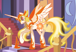 Size: 1158x796 | Tagged: safe, artist:anonymous, imported from derpibooru, daybreaker, alicorn, pony, dock, fangs, grin, hoof shoes, human to pony, raised hoof, show accurate, smiling, solo, transformation