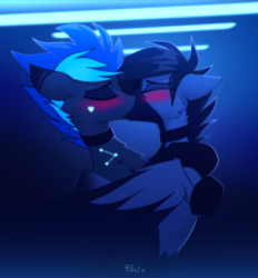 Size: 3816x4114 | Tagged: safe, artist:fenixdust, imported from derpibooru, oc, oc only, oc:fenix, oc:vibrant star, earth pony, pegasus, pony, blushing, clothes, collar, gay, kissing, male, socks