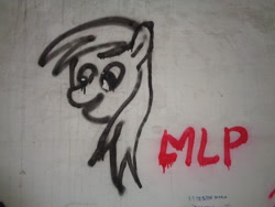 Size: 2592x1944 | Tagged: safe, imported from derpibooru, derpy hooves, pony, graffiti, irl, monochrome, photo, solo