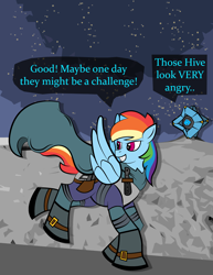 Size: 2550x3300 | Tagged: safe, artist:vareb, imported from derpibooru, rainbow dash, ghost, pegasus, pony, undead, cape, clothes, crossover, destiny, destiny (game), destiny (video game), gun, high res, knife, moon, running, smiling, solo, text, weapon