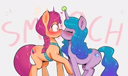 Size: 1953x1166 | Tagged: safe, artist:another_pony, imported from derpibooru, izzy moonbow, sunny starscout, earth pony, pony, unicorn, bag, ball, blushing, duo, eyes closed, female, g5, gray background, heart, heart eyes, horn, horn impalement, hornball, izzy's tennis ball, izzyscout, kiss on the lips, kissing, lesbian, mare, my little pony: a new generation, raised hoof, satchel, shipping, simple background, smooch, smooching, surprise kiss, surprised, tennis ball, text, white background, wingding eyes