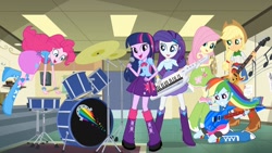 Size: 1280x720 | Tagged: safe, imported from derpibooru, screencap, applejack, fluttershy, pinkie pie, rainbow dash, rarity, sci-twi, sunset shimmer, twilight sparkle, equestria girls, rainbow rocks, applejack's hat, canterlot high, cowboy hat, drums, electric guitar, female, g4, guitar, hat, humane five, humane six, keytar, music notes, musical instrument, official, the rainbooms