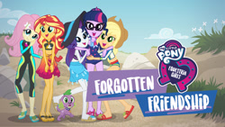 Size: 1280x720 | Tagged: safe, imported from derpibooru, applejack, fluttershy, rarity, sci-twi, spike, spike the regular dog, sunset shimmer, twilight sparkle, dog, equestria girls, equestria girls series, forgotten friendship, applejack's hat, beach, clothes, cloud, cowboy hat, equestria girls logo, feet, female, flip-flops, geode of empathy, geode of fauna, geode of telekinesis, glasses, hat, legs, low res image, magical geodes, my little pony logo, netflix, official, official art, one-piece swimsuit, sandals, skirt, swimsuit, wetsuit