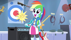 Size: 3410x1920 | Tagged: safe, imported from derpibooru, screencap, rainbow dash, equestria girls, guitar centered, rainbow rocks, big eyes, bike shorts, clothes, cute, cutie mark, cutie mark on clothes, dashabetes, female, gasp, high res, looking at something, multicolored hair, open mouth, open smile, rainbow hair, short-sleeved jacket, skirt, smiling, solo, wristband