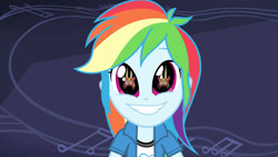 Size: 3410x1920 | Tagged: safe, imported from derpibooru, screencap, rainbow dash, equestria girls, guitar centered, rainbow rocks, clothes, cute, cutie mark, cutie mark on clothes, dashabetes, eye reflection, faic, female, grin, high res, reflection, smiling, solo