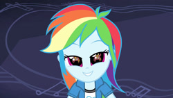 Size: 3410x1920 | Tagged: safe, imported from derpibooru, screencap, rainbow dash, equestria girls, guitar centered, rainbow rocks, clothes, cute, cutie mark, cutie mark on clothes, dashabetes, eye reflection, female, grin, high res, reflection, smiling, solo