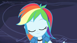 Size: 3410x1920 | Tagged: safe, imported from derpibooru, screencap, rainbow dash, equestria girls, guitar centered, rainbow rocks, clothes, cutie mark, cutie mark on clothes, eyes closed, female, high res, smiling, solo