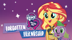 Size: 1280x720 | Tagged: safe, imported from derpibooru, spike, spike the regular dog, sunset shimmer, dog, equestria girls, equestria girls series, forgotten friendship, belly button, clothes, duo, equestria girls logo, female, male, my little pony logo, netflix, official, swimsuit