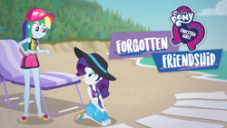 Size: 1280x720 | Tagged: safe, imported from derpibooru, rainbow dash, rarity, equestria girls, equestria girls series, forgotten friendship, beach, beach chair, beach towel, chair, clothes, duo, equestria girls logo, feet, female, forest, legs, lounge chair, my little pony logo, netflix, ocean, official, sandals, skirt, swimsuit, towel