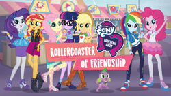 Size: 1280x720 | Tagged: safe, imported from derpibooru, applejack, fluttershy, pinkie pie, rainbow dash, rarity, sci-twi, spike, spike the regular dog, sunset shimmer, twilight sparkle, dog, equestria girls, equestria girls series, rollercoaster of friendship, applejack's hat, boots, carnival, clothes, converse, cowboy hat, equestria girls logo, female, freckles, geode of empathy, geode of shielding, geode of sugar bombs, geode of super speed, geode of super strength, geode of telekinesis, glasses, hat, high heels, humane five, humane seven, humane six, magical geodes, male, my little pony logo, netflix, official, pantyhose, ponytail, rarity peplum dress, sandals, shoes, skirt, sneakers, stetson