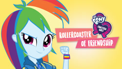 Size: 1280x720 | Tagged: safe, imported from derpibooru, rainbow dash, equestria girls, equestria girls series, rollercoaster of friendship, equestria girls logo, female, gradient background, my little pony logo, netflix, official, simple background, solo, yellow background