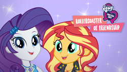 Size: 1280x720 | Tagged: safe, imported from derpibooru, rarity, sunset shimmer, equestria girls, equestria girls series, rollercoaster of friendship, duo, equestria girls logo, female, my little pony logo, netflix, official, purple background, simple background, sparkles