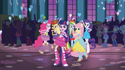 Size: 1280x720 | Tagged: safe, imported from derpibooru, apple bloom, applejack, fluttershy, pinkie pie, rainbow dash, rarity, sci-twi, scootaloo, sweetie belle, twilight sparkle, equestria girls, equestria girls (movie), bare shoulders, cutie mark crusaders, fall formal outfits, female, humane five, humane six, netflix, official, ponied up, sleeveless, strapless