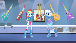 Size: 3410x1920 | Tagged: safe, imported from derpibooru, screencap, rainbow dash, trixie, equestria girls, guitar centered, rainbow rocks, bike shorts, boots, clothes, cutie mark, cutie mark on clothes, face to face, female, guitar, high res, huh, jacket, multicolored hair, musical instrument, rainbow hair, shoes, short-sleeved jacket, skirt