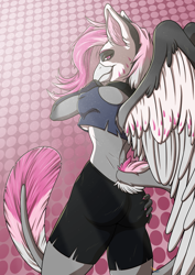 Size: 2480x3508 | Tagged: safe, artist:philfox, imported from derpibooru, oc, oc only, oc:cherry feather, anthro, hippogriff, abstract background, clothes, collar, cosplay, costume, female, helluva boss, high res, leonine tail, looking at you, looking back, looking back at you, loona (helluva boss), pale belly, solo, spread wings, tail fluff, white belly, wings